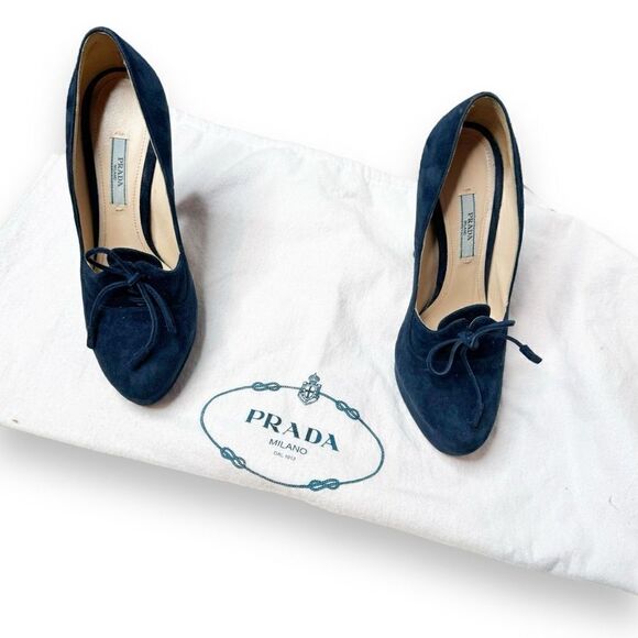 PRADA Calzature Donna Blue Suede Lace Up Suede Platform Heels Pumps Women’s 38 - Picture 10 of 12